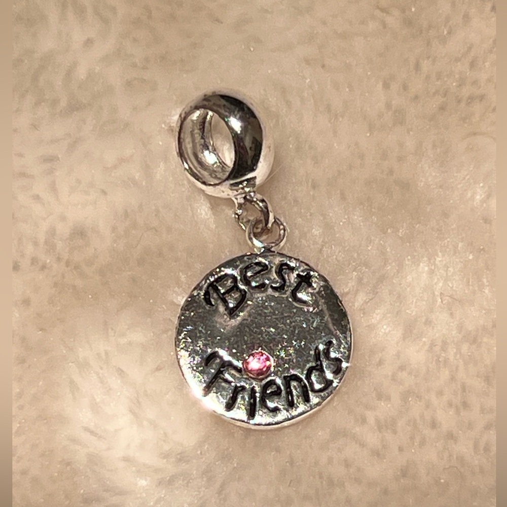 LK NW 💞 90’s STAMPED STERLING SILVER “BEST FRIENDS” PINK RHINESTONE DANGLE CHARM
